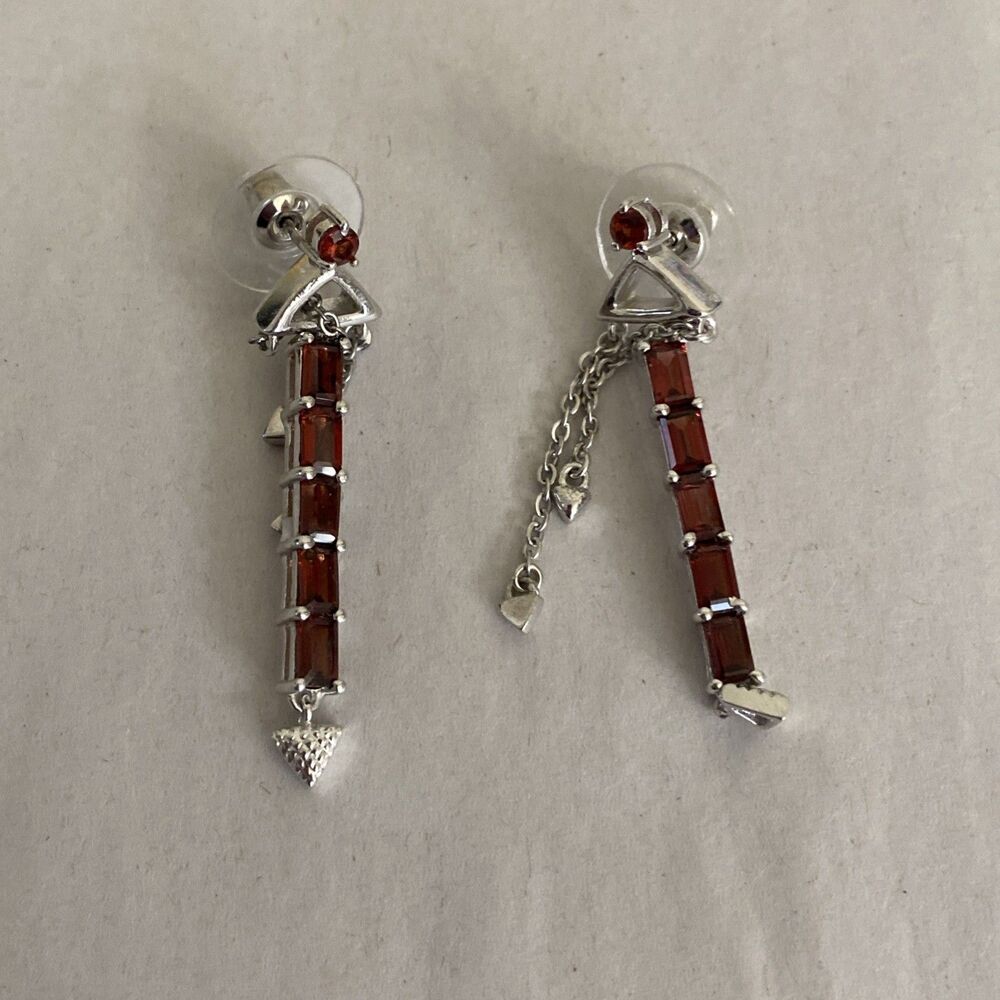 STS Karis Signed Silver Tone Red Baguette Drop Earrings w Chain Accent 2in Posts